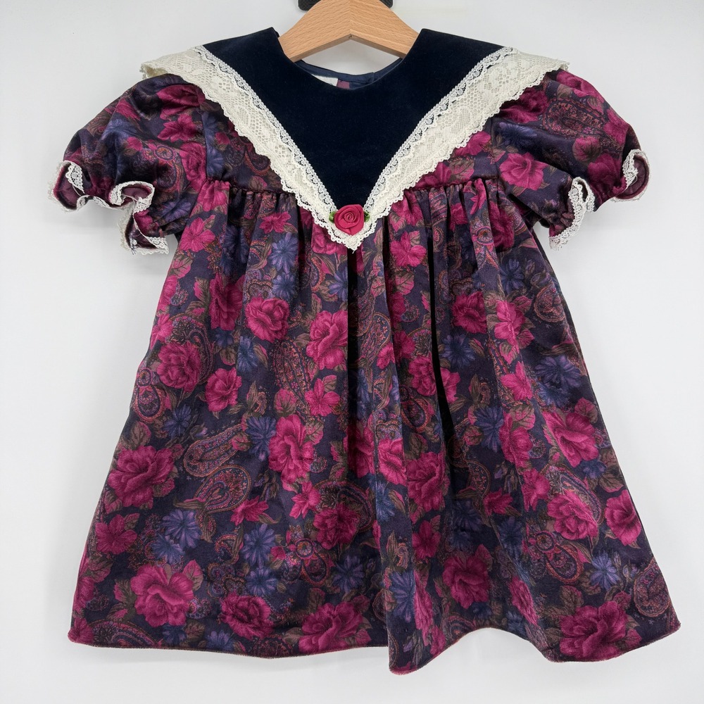 Piccolo Vintage 90s Girl's Paisley Floral Velour Collar Dress 3T‎